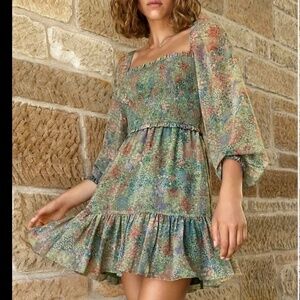 NWT Aritzia Wilfred Tempest Dress Plus Size Sage Multi Long Sleeve Shirred Top